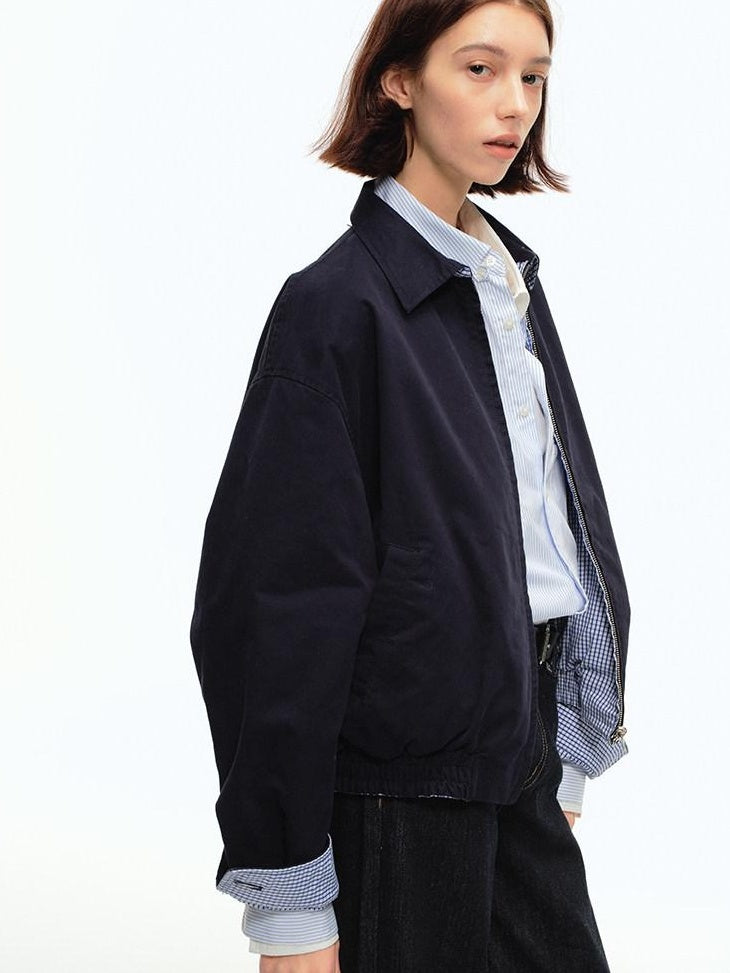Country Moment Warm Cotton Loose Fit Youthful Plaid Zip Unisex Navy Lapel Cropped Jackets