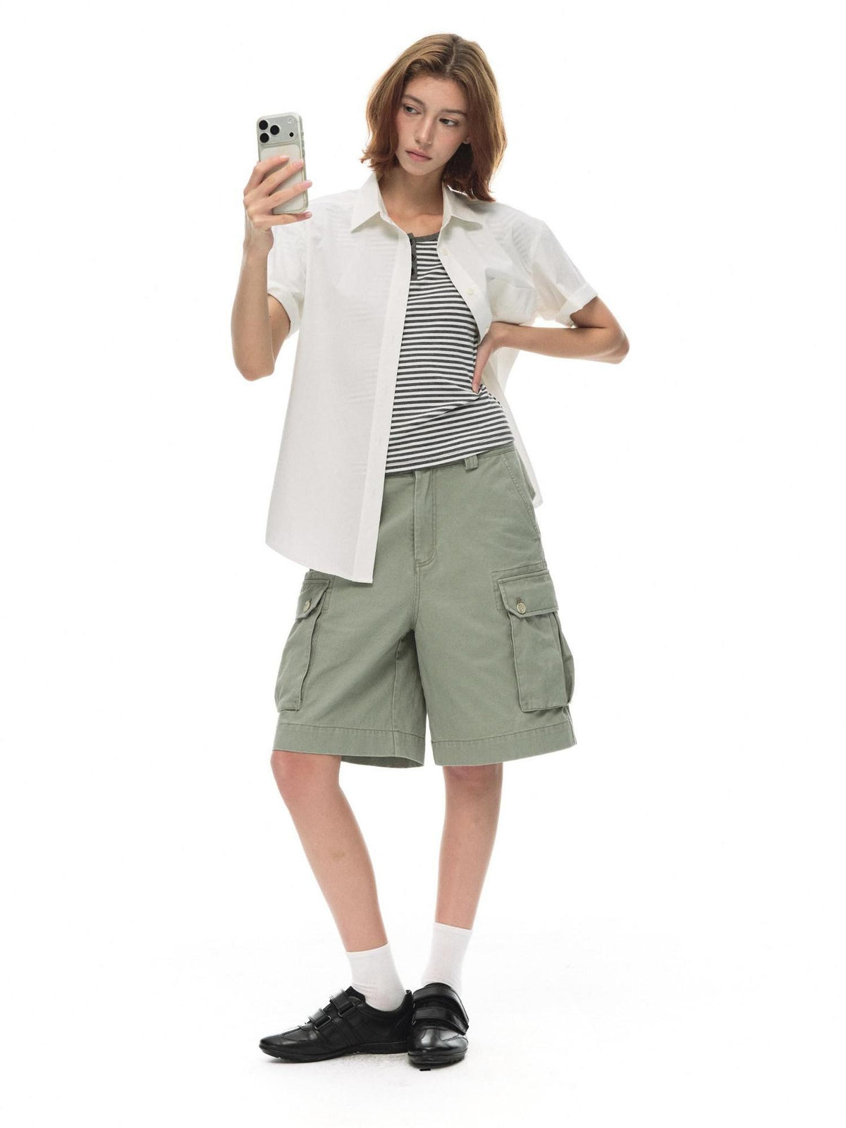 Country Moment Breathable 100% Cotton Loose Polo Collar Pocket Button Women Commute Shirts