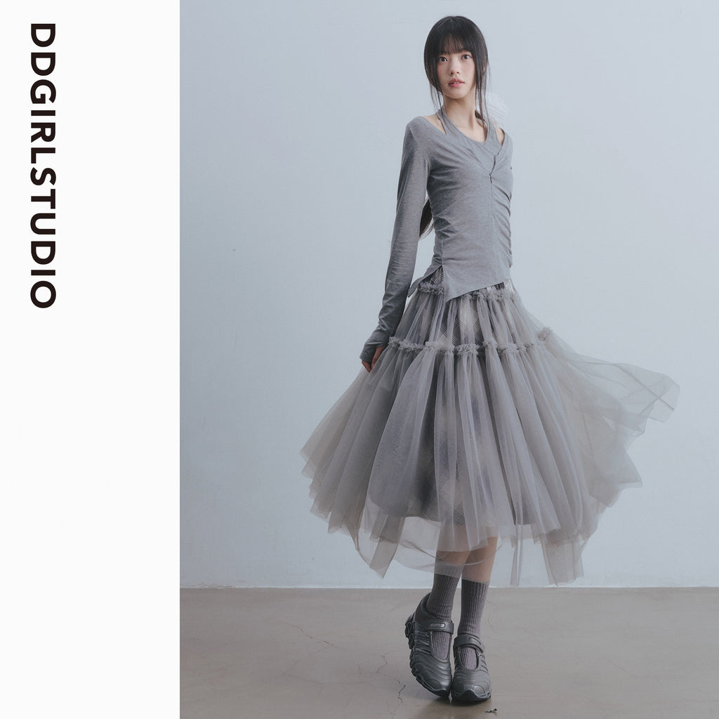 DDGIRL_studio_Non_Deforming_High_Waist_Mesh_Patchwork_Pleated_Lined_Women_Gray_Midi_Skirts_MISSTT