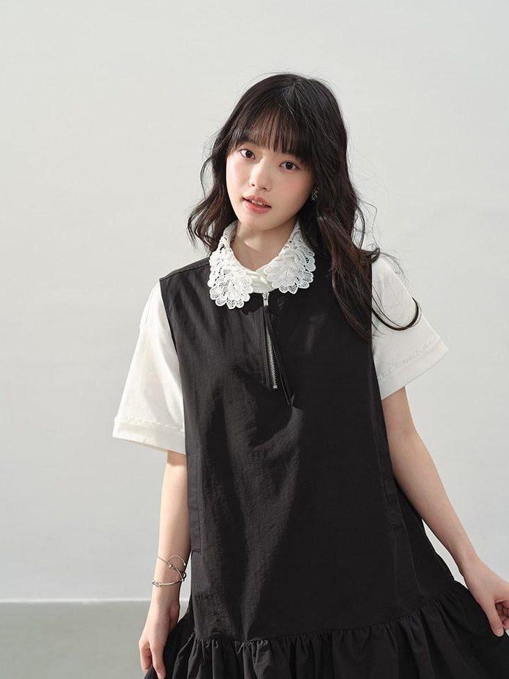 DDGIRL studio Washed Zip Polo Loose Fit Casual Long Staple Cotton Short Sleeve T-Shirts
