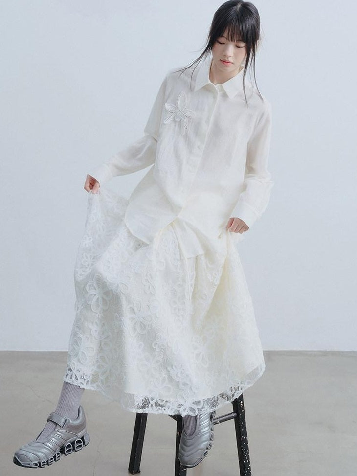 DDGIRL studio Breathable Embroidered Crochet Loose Fit Commuter Women Collared White Shirts