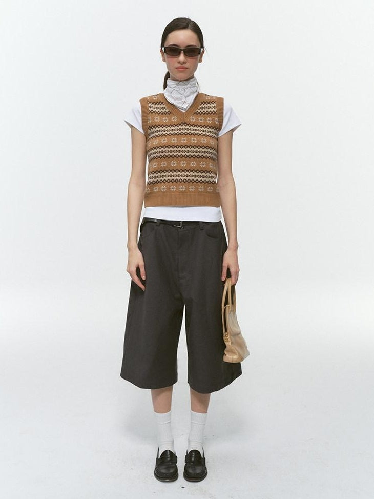 Country Moment Pure Wool V-neck Striped Vest Office Layering Buttonless Dusty Camel Sweaters
