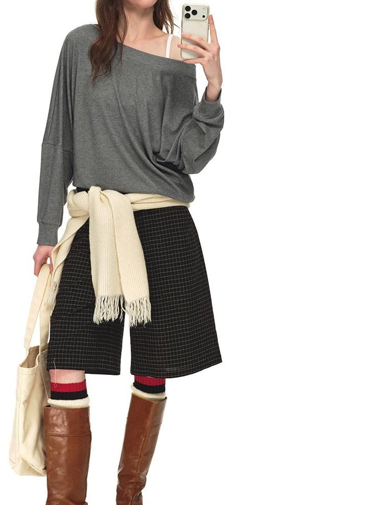Country Moment Breathable Viscose Loose Batwing Long Sleeve Solid Off Shoulder Crop Tops