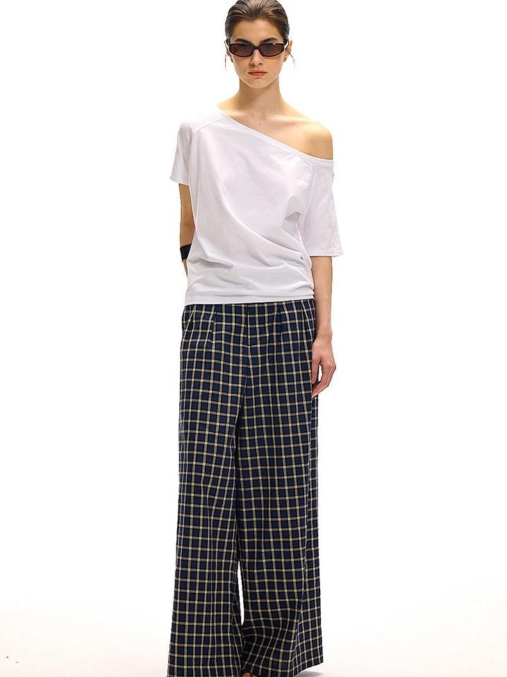 Country Moment Versatile Minimal Indigo Check Cotton Natural Waist Straight Wide Leg Pants