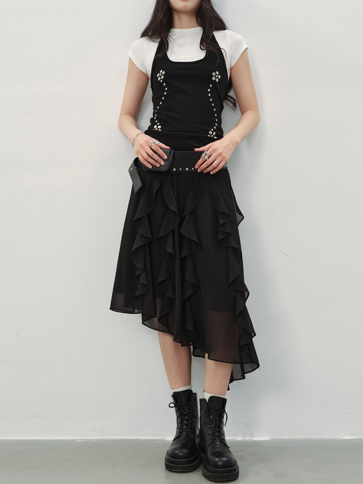 DDGIRL studio Fade Resistant Lined Asymmetrical High Waist Black Irregular Women Midi Skirts