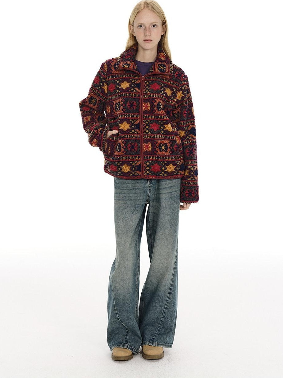 Country Moment Jacquard Thick Cooling Loose Ethnic Stand Collar Retro Red Zip Cropped Jackets