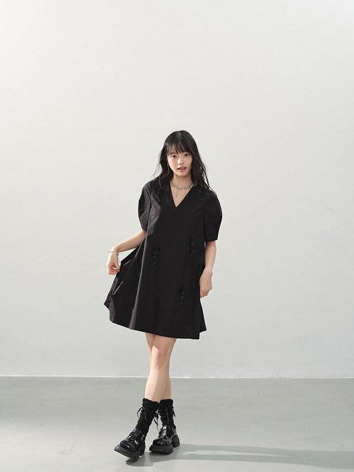 DDGIRL studio Beaded Soft Cotton A Line Puff Sleeve V-neck Back Zipper Black Mini Dresses