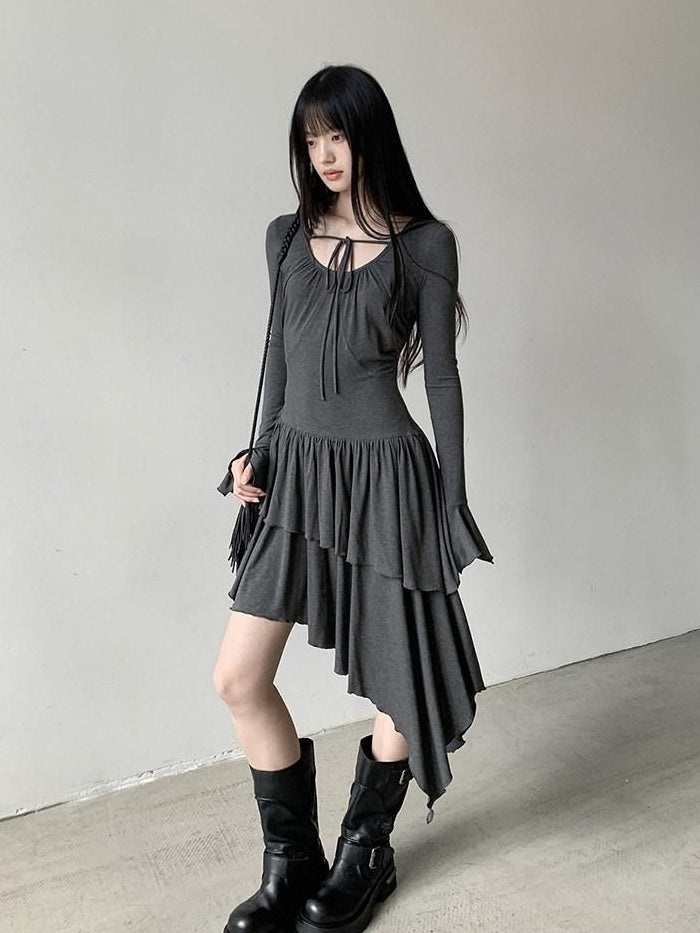DDGIRL studio Soft Stretch Lyocell Asymmetric Cinched Waist U Neck Commuter Midi Dresses