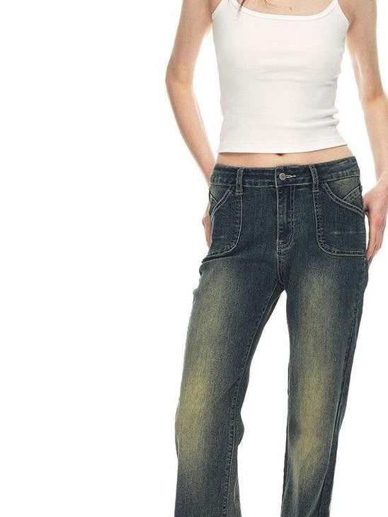Country Moment Vintage Distressed Low Rise Retro Flare Women Daily Denim Blue Flared Jeans