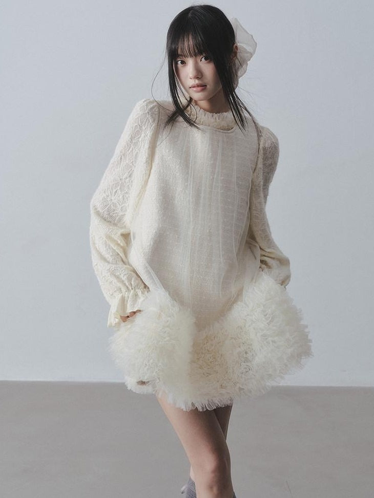 DDGIRL studio Ultra Soft Knit Petal Sleeve Pullover Office Casual Off White Mini Dresses