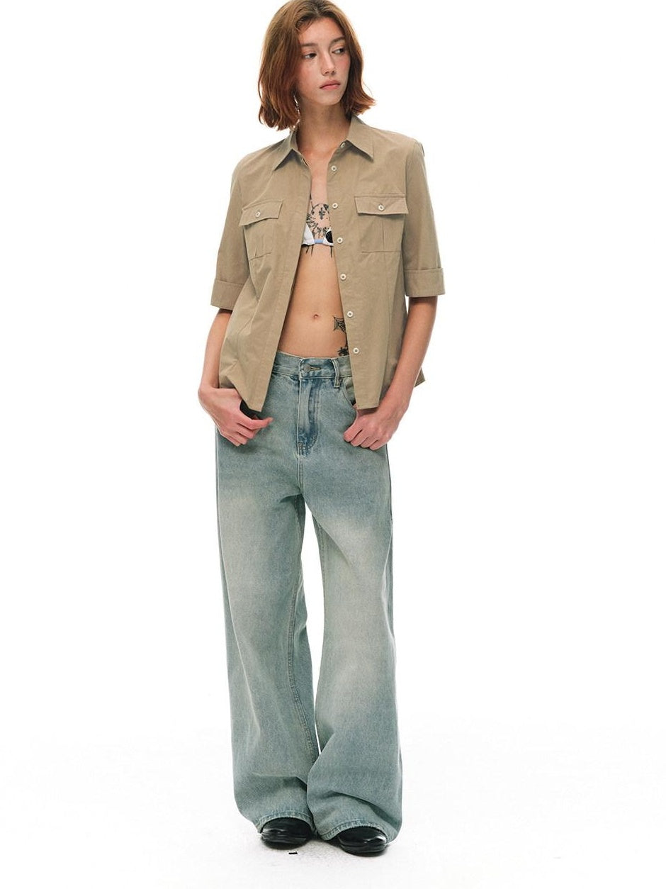 Country Moment Breathable Cotton Slim Fit Collared Half Sleeve Khaki Women Patch Pocket Shirts