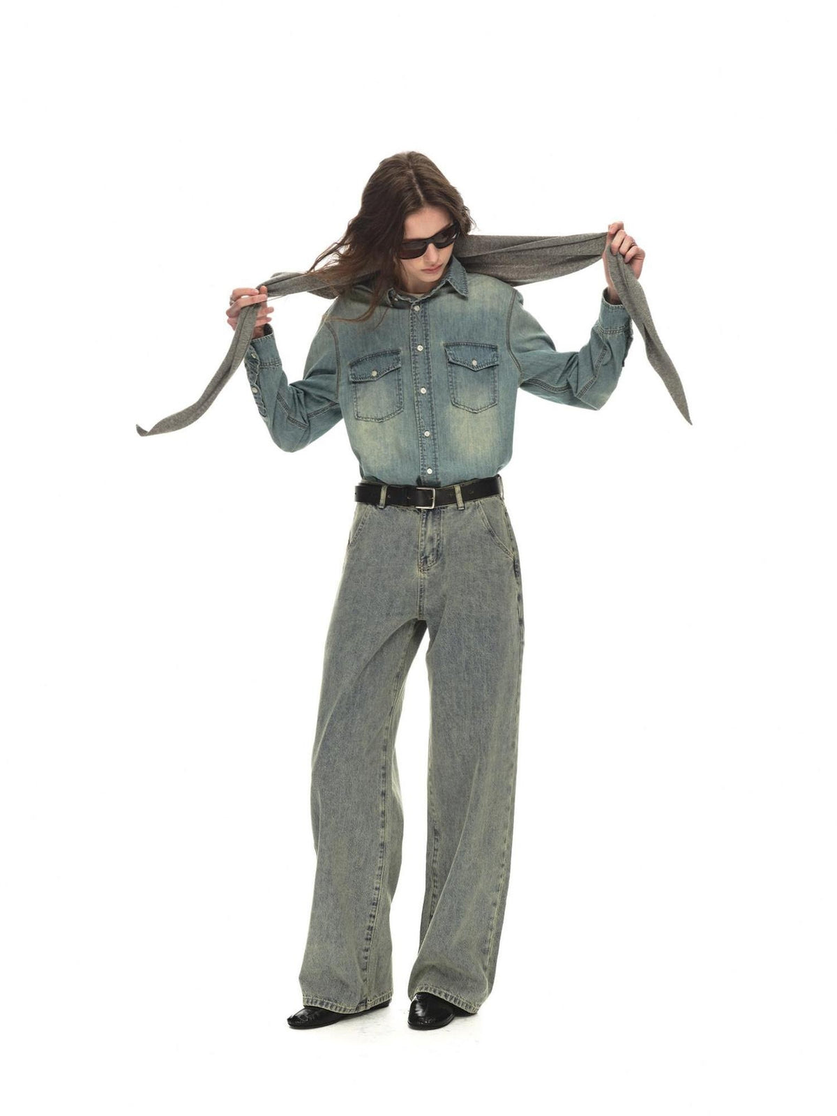 Country Moment Distressed Mid Rise Relaxed Unisex Breathable Cotton Grey Blue Wide Leg Jeans