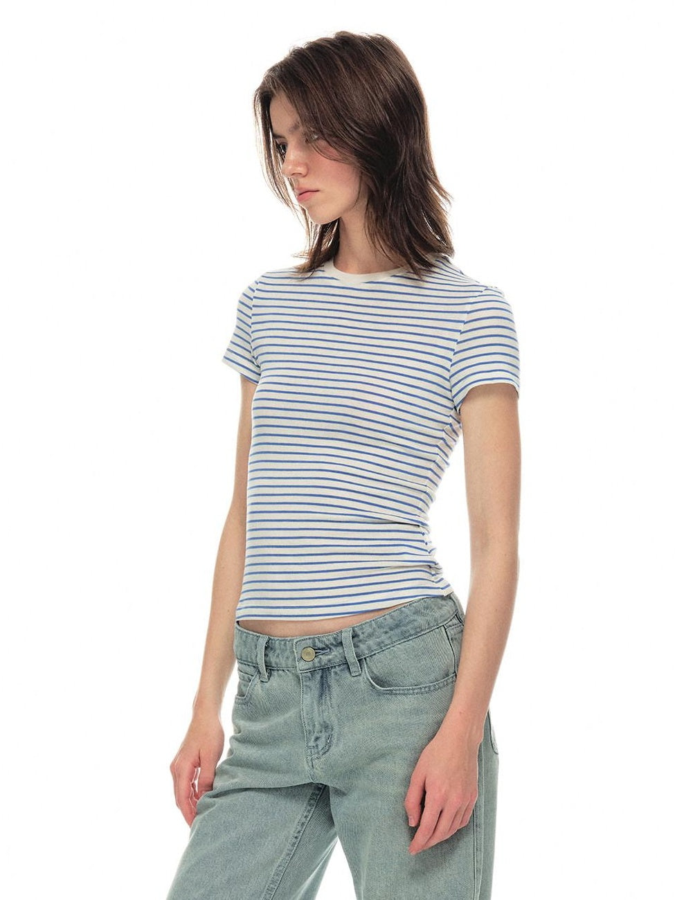 Country Moment Lyocell Wool Blend Striped Slim Fit Women Navy Casual Short Sleeve T-Shirts
