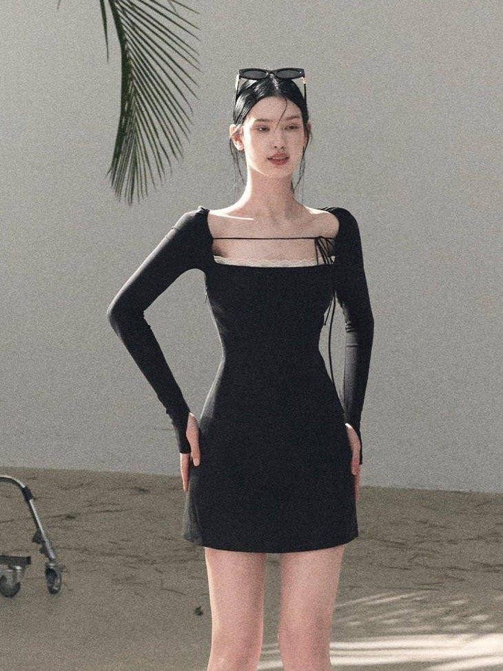 7 OAKMOO Waist Cinch Casual One Shoulder Long Sleeve Slim Viscose Blend Mini Dresses