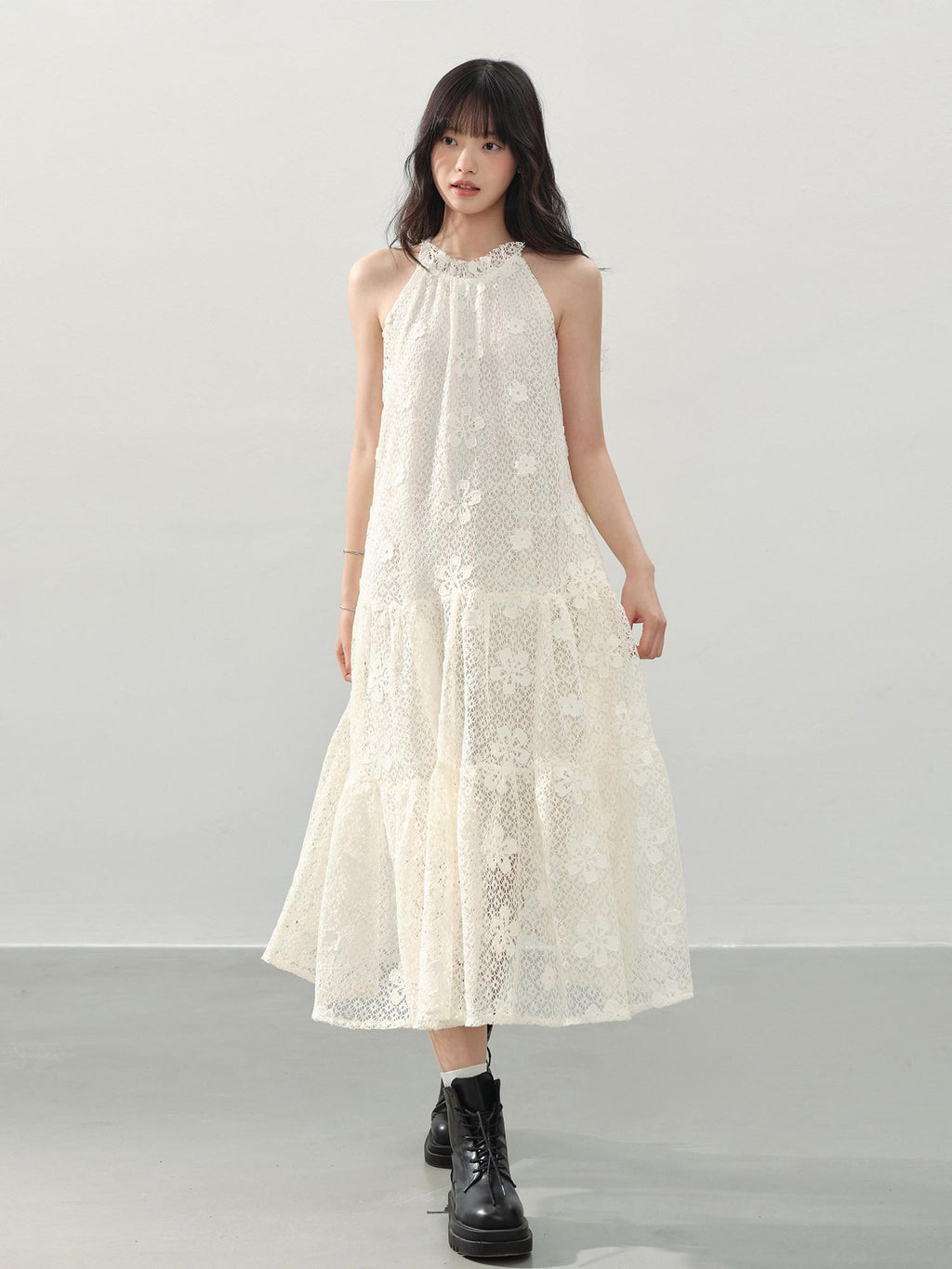 DDGIRL studio Soft Breathable Eyelet A Line Girly Sleeveless Vacation Cream Midi Dresses