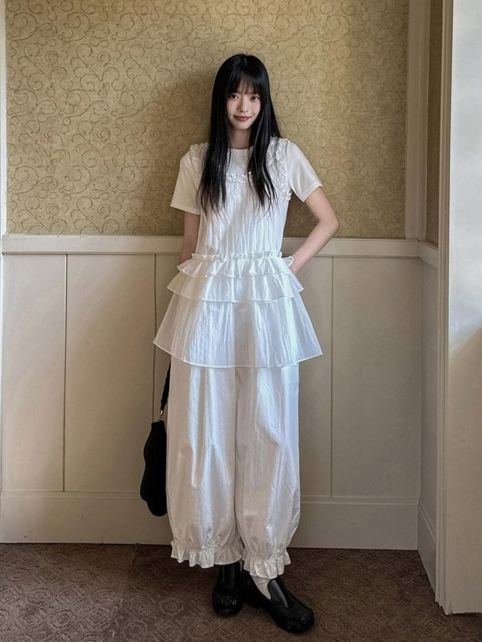 DDGIRL studio Original High Waist Drawstring Washed Cotton Nylon Lantern White Wide Leg Pants