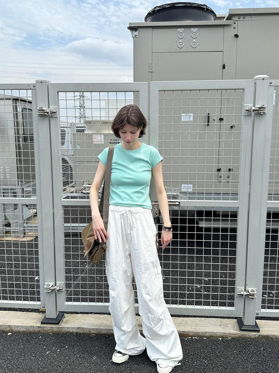 Country Moment Cotton Slim Fit Street Crew Neck Short Sleeve Solid White Teal Basic Crop Tops