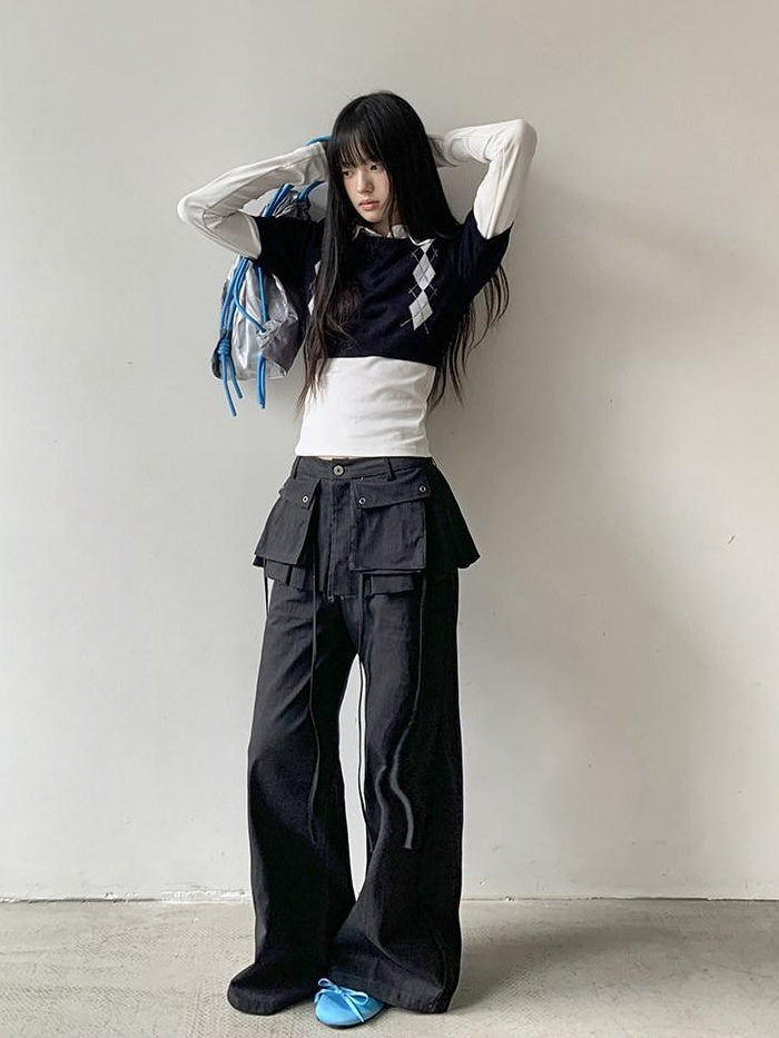 DDGIRL studio High Waist Zip Fly Pockets Relaxed Straight Leg Black Cotton Nylon Cargo Pants
