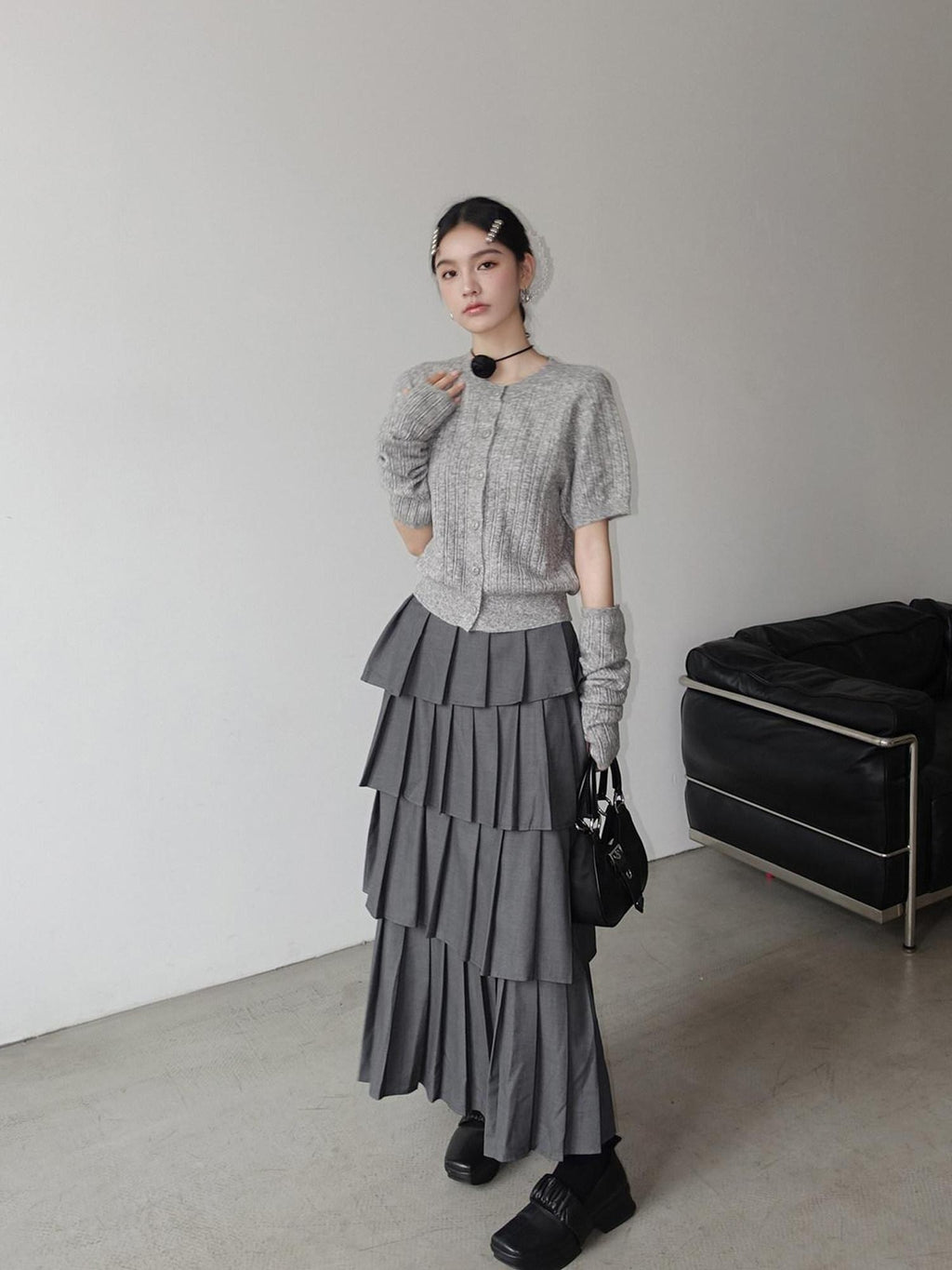 DDGIRL studio Lined High Waist Pleated Patchwork A Line Commuter Loose Fit Gray Midi Skirts