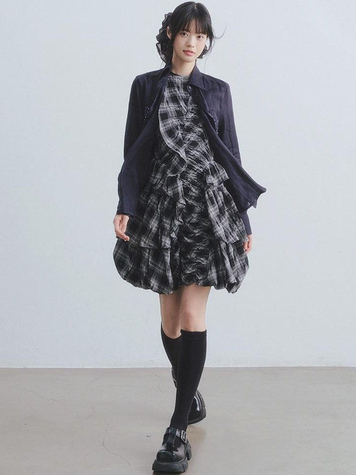DDGIRL studio Soft Cotton Shirred A Line Sleeveless Checked Workwear Puff Skirt Mini Dresses
