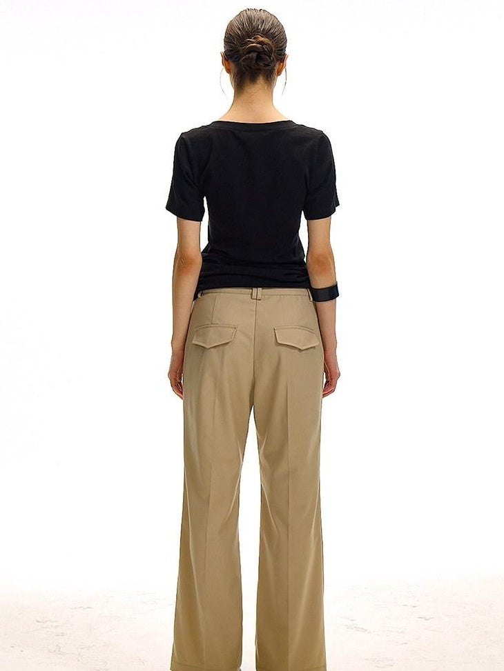 Country Moment Minimalist Slim Fit Zip Fly Natural Waist Office Workwear Khaki Straight Pants
