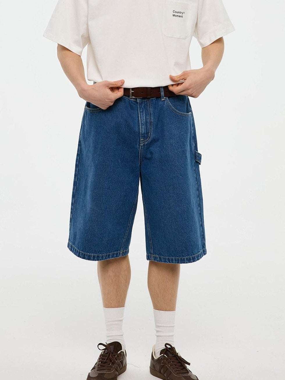 Country Moment Cotton Denim Mid High Waist Loose Straight Casual Zip Fly Mid-Length Shorts