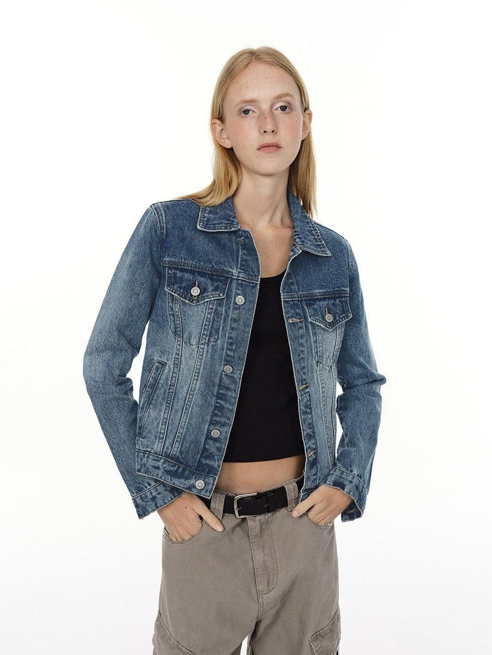 Country Moment Durable Gradient Washed Button Detail Vintage Slim Cropped Unisex Denim Jackets