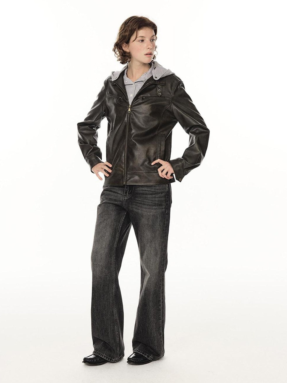 Country Moment Warm Pu Leather Detachable Hood Loose Fit Casual Unisex Leather Jackets