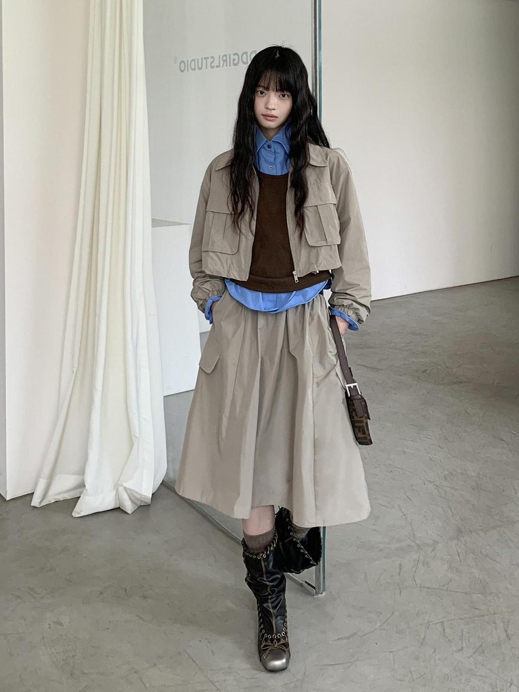 DDGIRL studio Zip Front Long Sleeve Lapel Collar Commuter Women Polyester Top & Shorts Sets