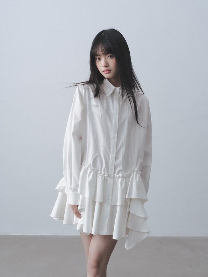 DDGIRL studio High Waist Ruffle Commuter Shirt Dress A Line Women White Button Mini Dresses