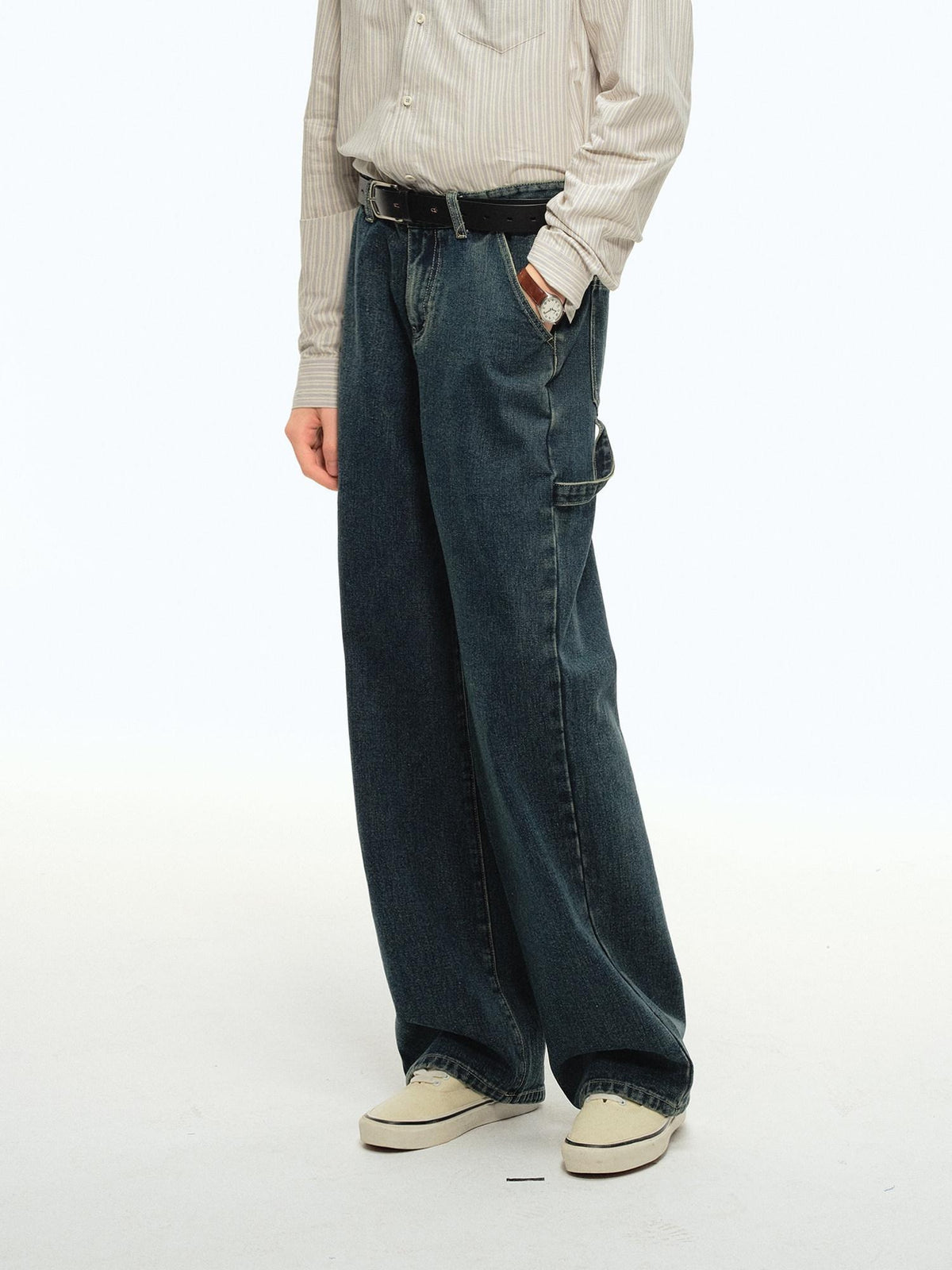 Country Moment Durable 100 Percent Cotton Vintage Blue Midrise Loose American Wide Leg Jeans