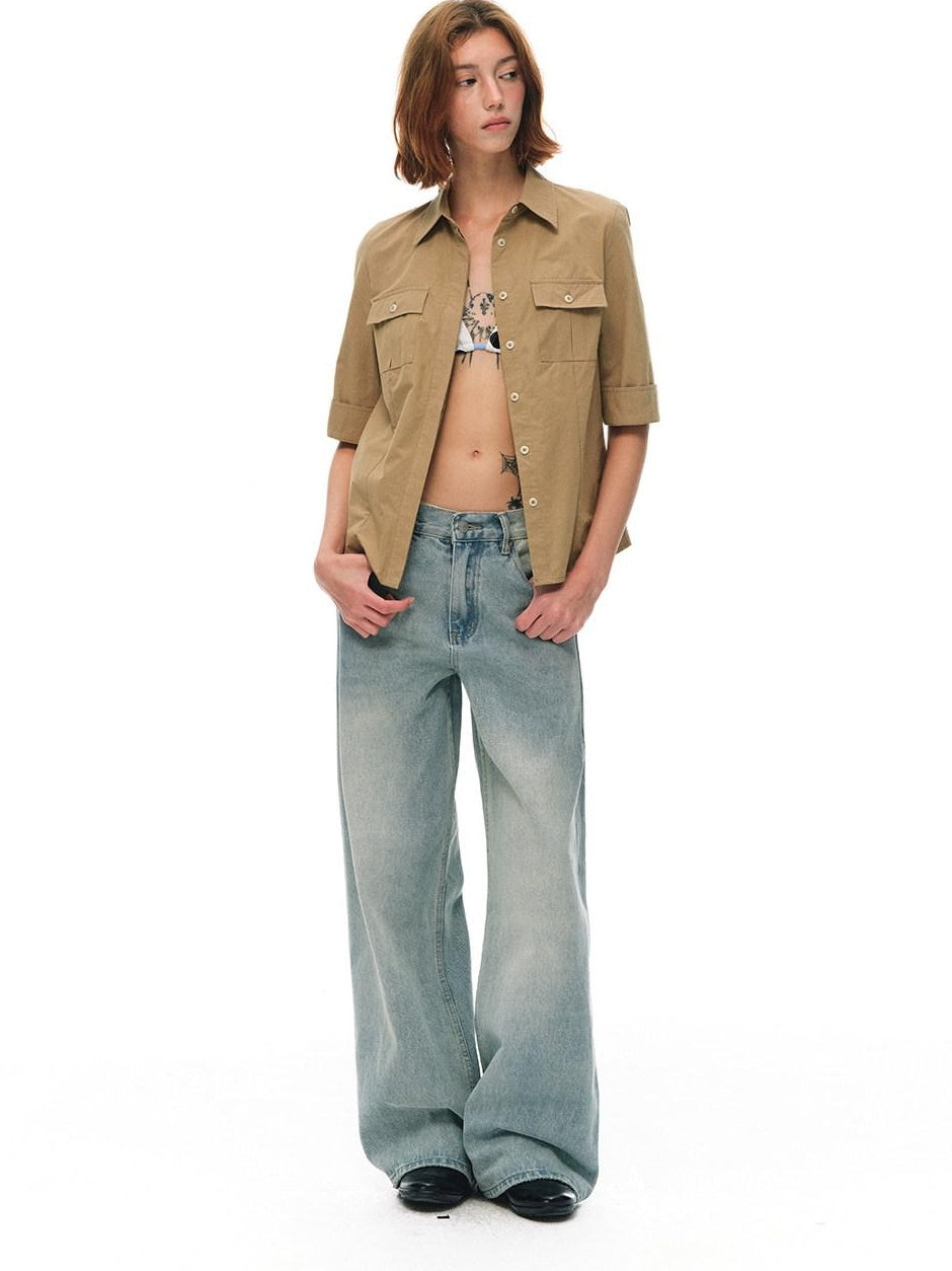 Country Moment Washed Distressed Embroidered Mid Rise Loose Retro Light Blue Wide Leg Jeans