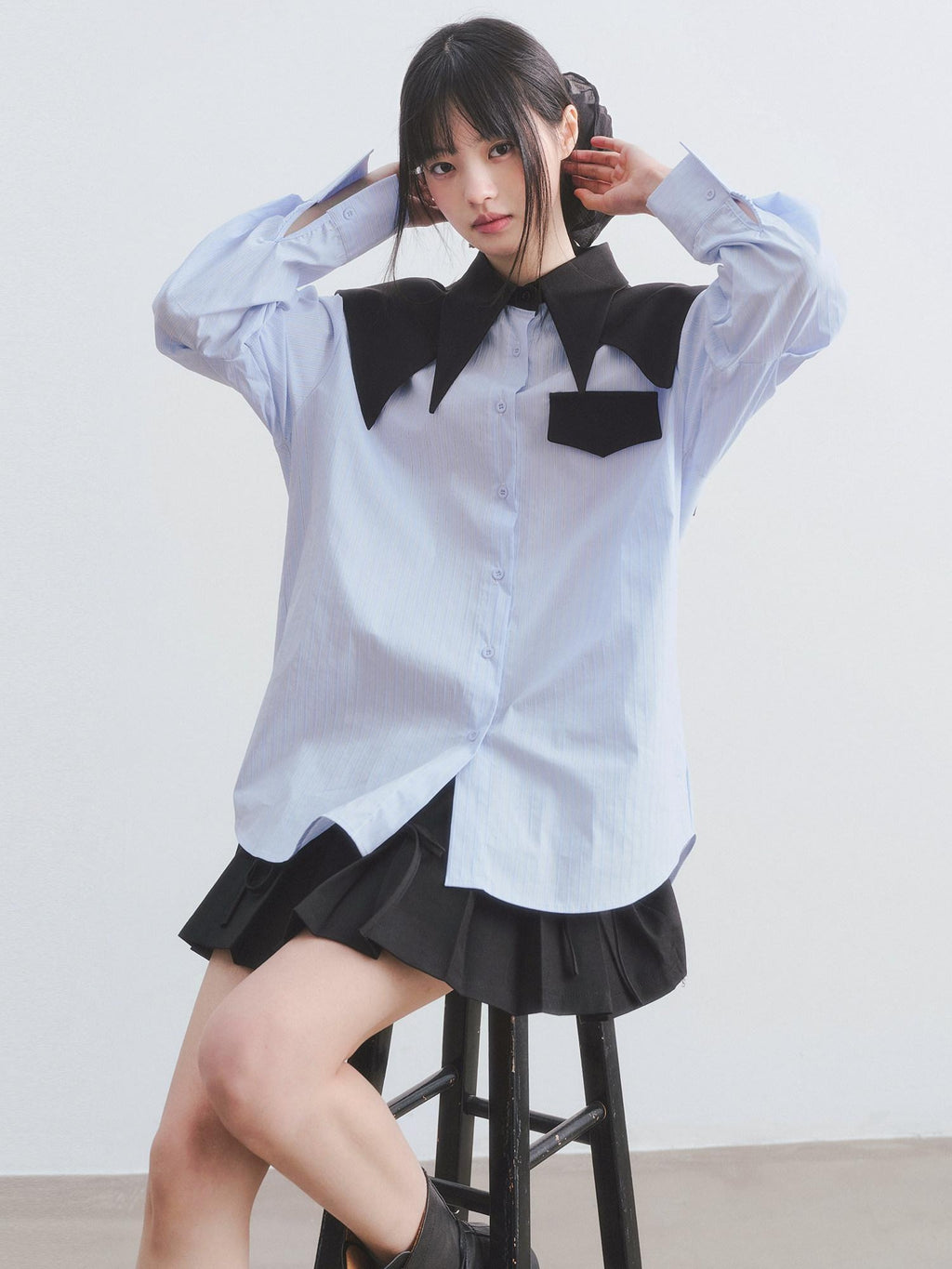 DDGIRL studio Breathable Cotton Loose Faux Layer Pleat Sleeve Striped Navy Collar Shirts