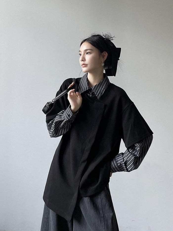 DDGIRL studio Breathable Cotton Blend Relaxed Commuter Collared Striped Women Black Shirts