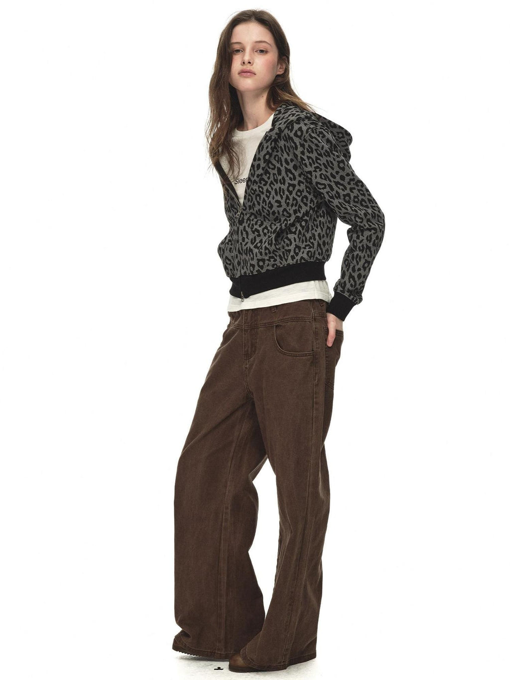 Country Moment 100% Cotton Loose Zip Crop Hooded Leopard Print Women Black Grey Hoodie