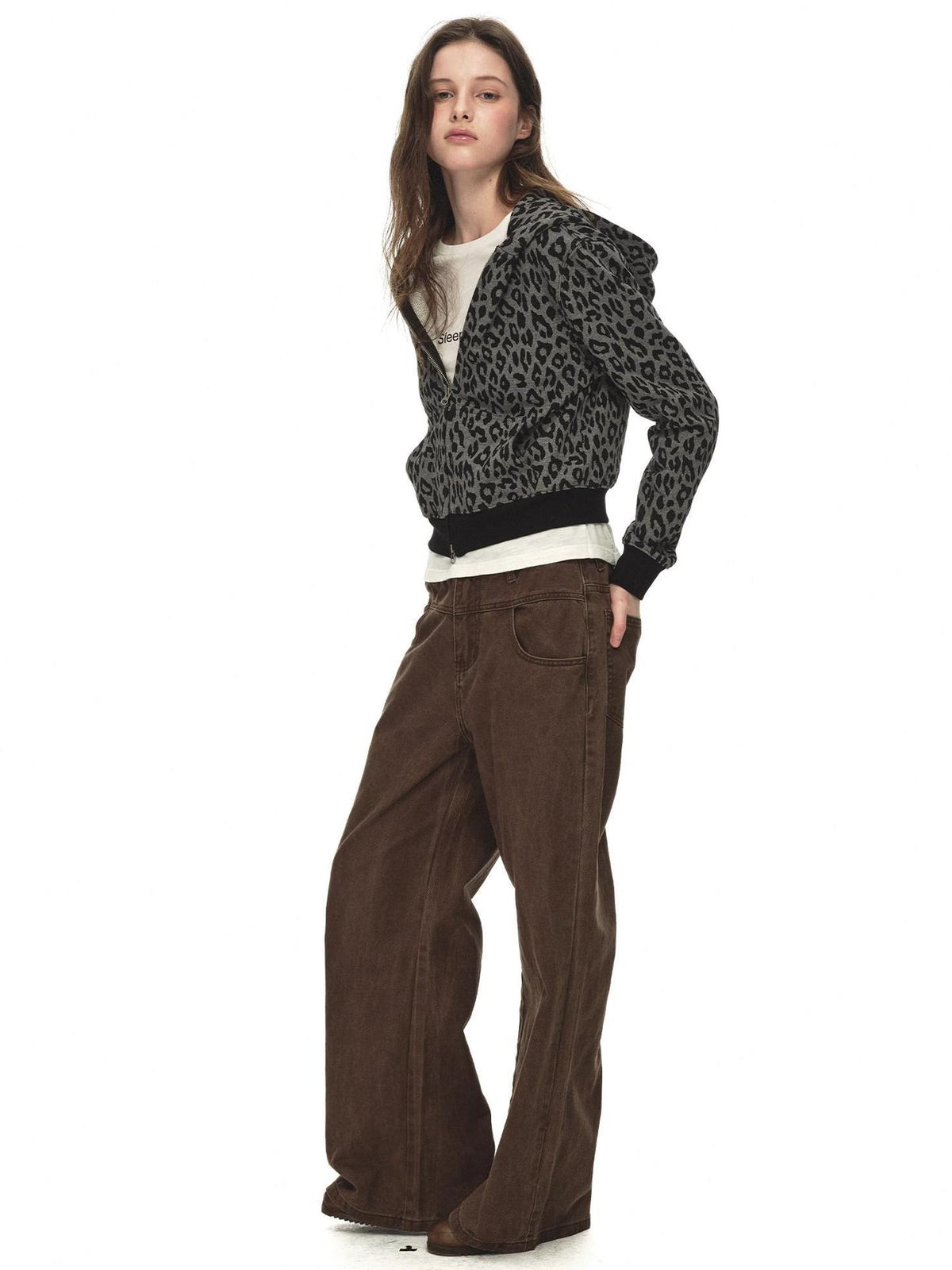 Country Moment 100% Cotton Loose Zip Crop Hooded Leopard Print Women Black Grey Hoodie