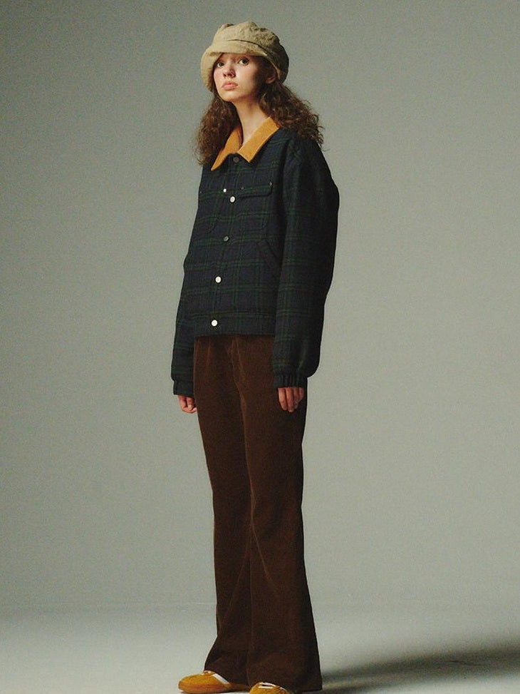 Country Moment Warm Insulated Loose Fit Plaid Cropped Teen Polyester Filled Puffer Jackets