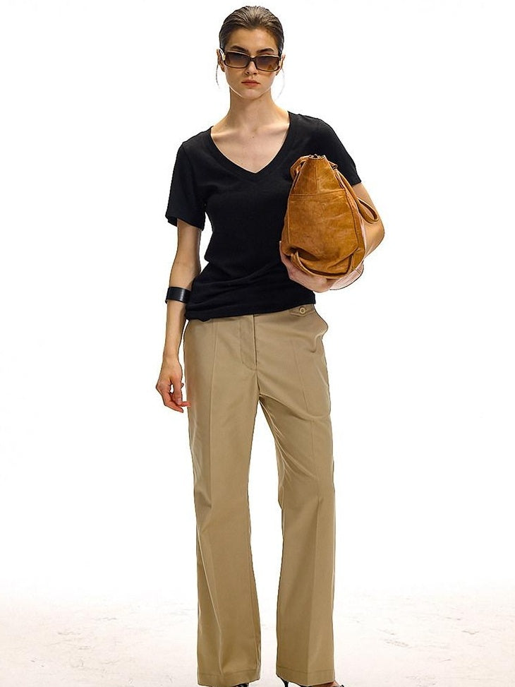 Country Moment Minimalist Slim Fit Zip Fly Natural Waist Office Workwear Khaki Straight Pants