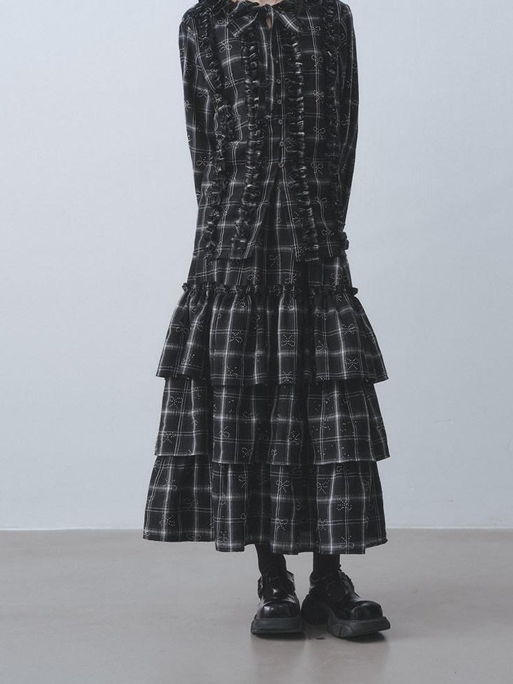 DDGIRL studio Wrinkle Free Black Plaid Collared Bow High Waist Loose Women Office Top & Skirt Sets