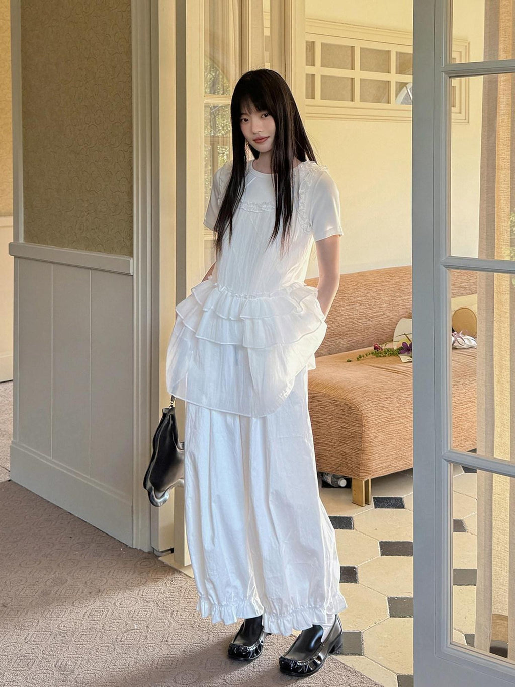 DDGIRL studio Original High Waist Drawstring Washed Cotton Nylon Lantern White Wide Leg Pants