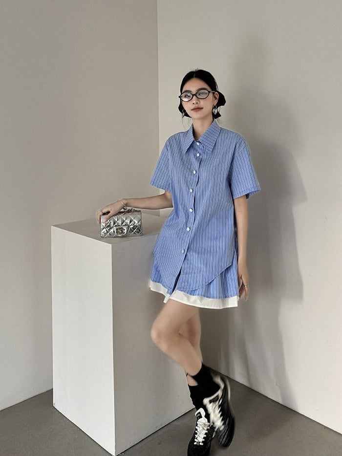 DDGIRL studio Breathable Relaxed Polo Short Sleeve Women Striped Blue Top & Skirt Sets
