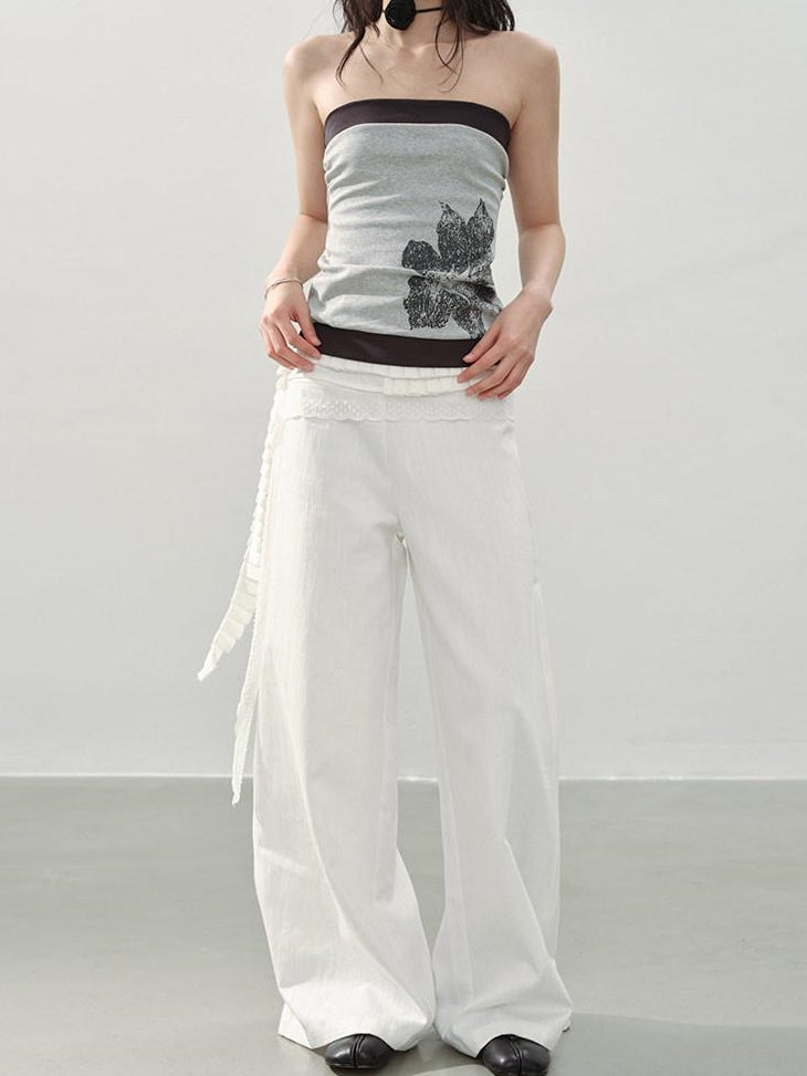 DDGIRL studio High Waist Shape Retaining Casual Lace Trim Solid White Women Wide Leg Pants