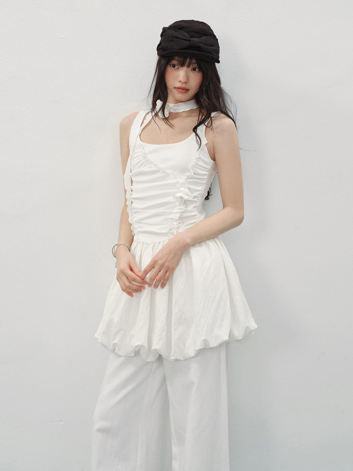 DDGIRL studio Soft Stretch Cotton Sweet Ruffle A Line Sleeveless U Neck Mid Waist Mini Dresses