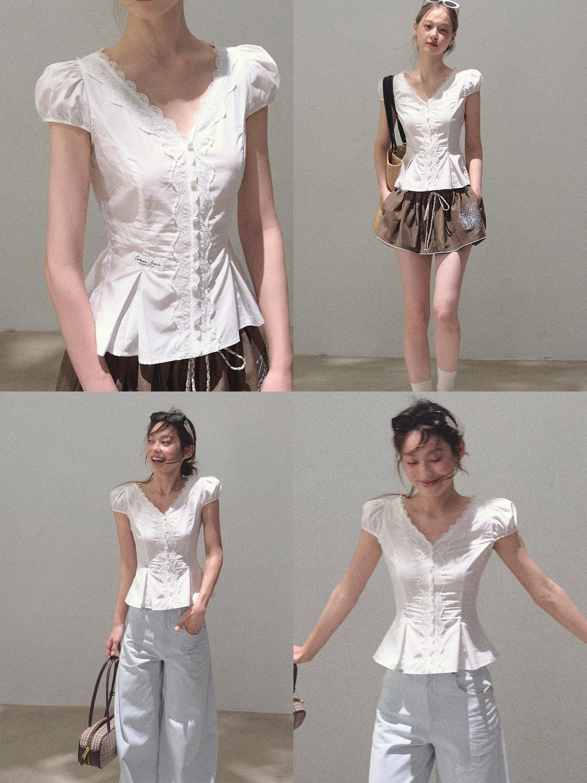7 OAKMOO Skin Friendly Pure Cotton V-neck Slim French Style Short Sleeve Women Shirts