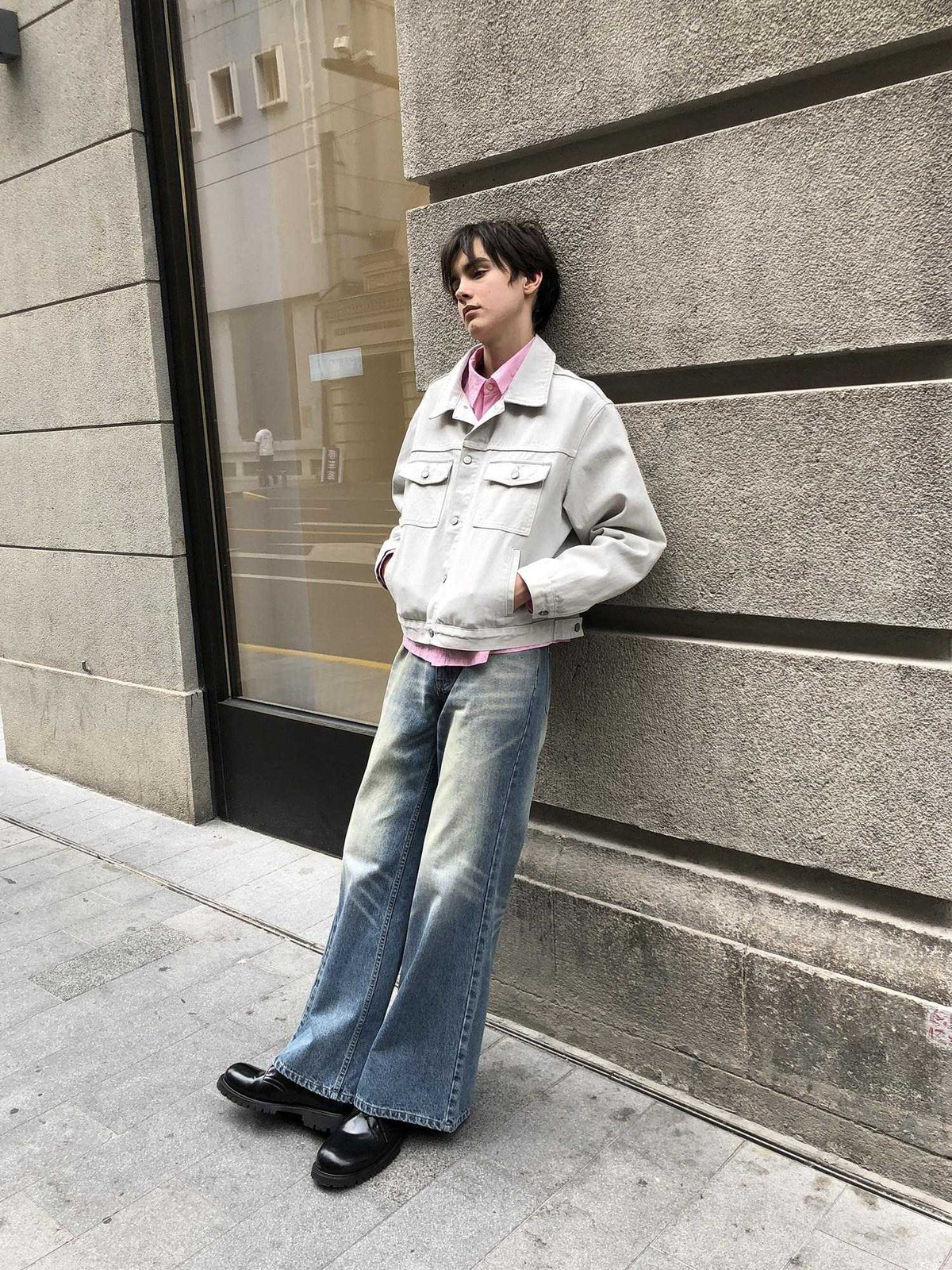 Country Moment Loose Fit Cropped Lapel Unisex 100 Percent Cotton Solid Grey Denim Jackets