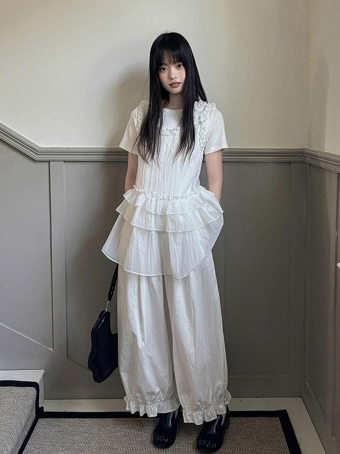 DDGIRL studio Original High Waist Drawstring Washed Cotton Nylon Lantern White Wide Leg Pants