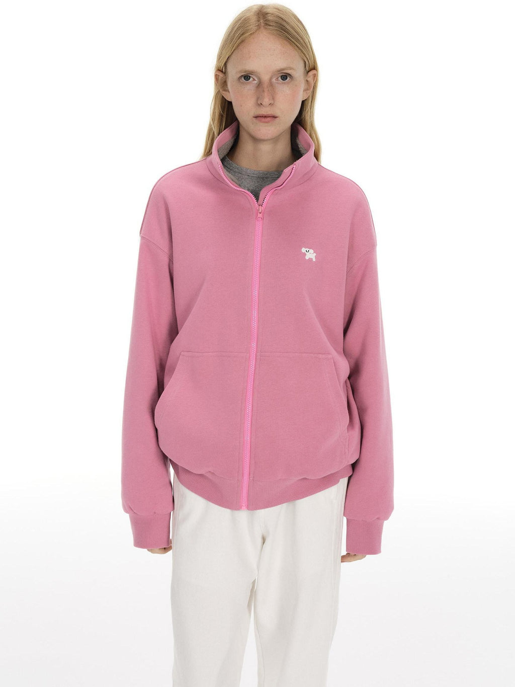 Country Moment Cozy Fleece Thick Loose Embroidered Stand Collar Unisex Cotton Zip Sweatshirt