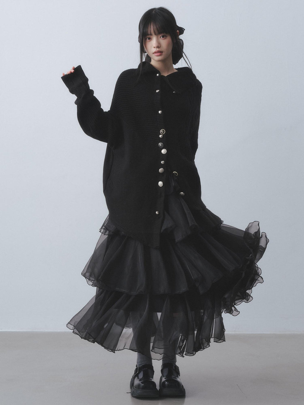 DDGIRL studio Soft Relaxed Ribbed Button Mid Length Women Campus Cotton Blend Black Cardigans