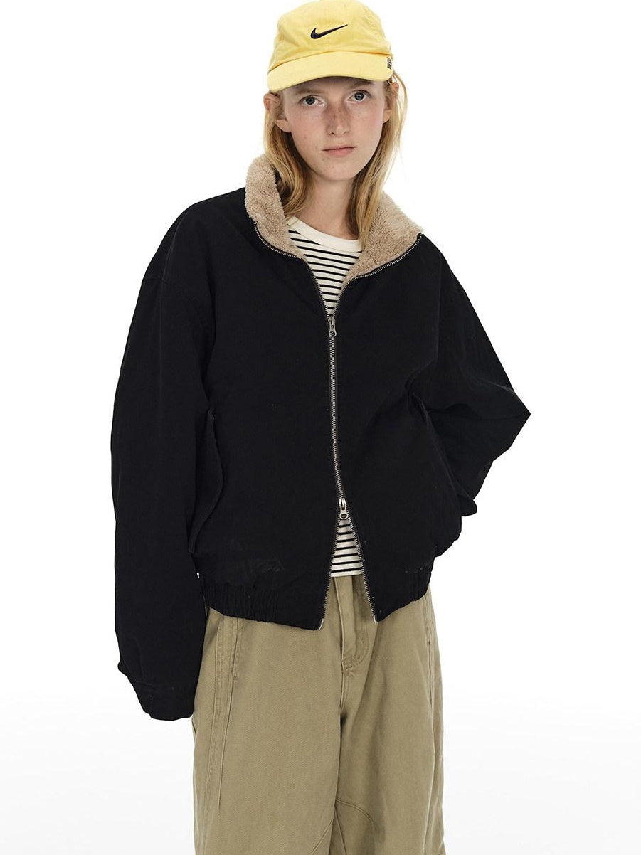 Country Moment Fleece Lined Stand Collar Unisex 100 Percent Cotton Black Cropped Jackets