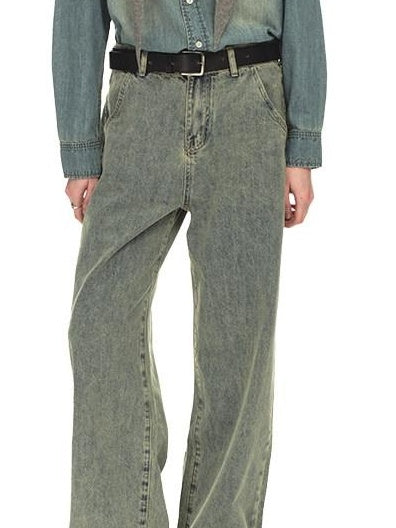 Country Moment Distressed Mid Rise Relaxed Unisex Breathable Cotton Grey Blue Wide Leg Jeans